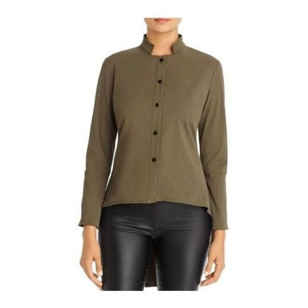 Snider Blouse‎ Shirt High Low Button Front UV Stand Collar Olive Green XS